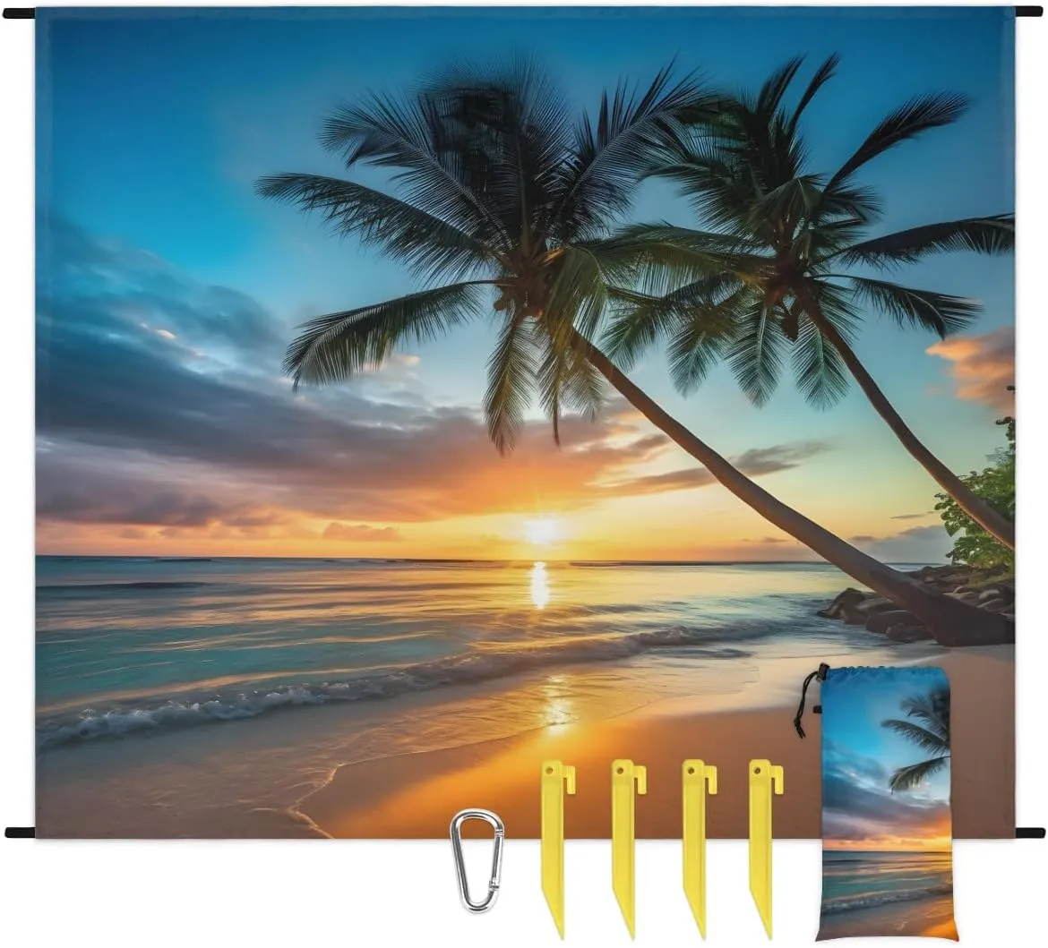 Beach Blanket, Palm Tree Sandproof Beach Mat, Waterproof Quick Drying Sand Free Mat with 4 x Ground Spikes for Outdoor Travel Camping Hiking, Beach Theme 68 x 59 in