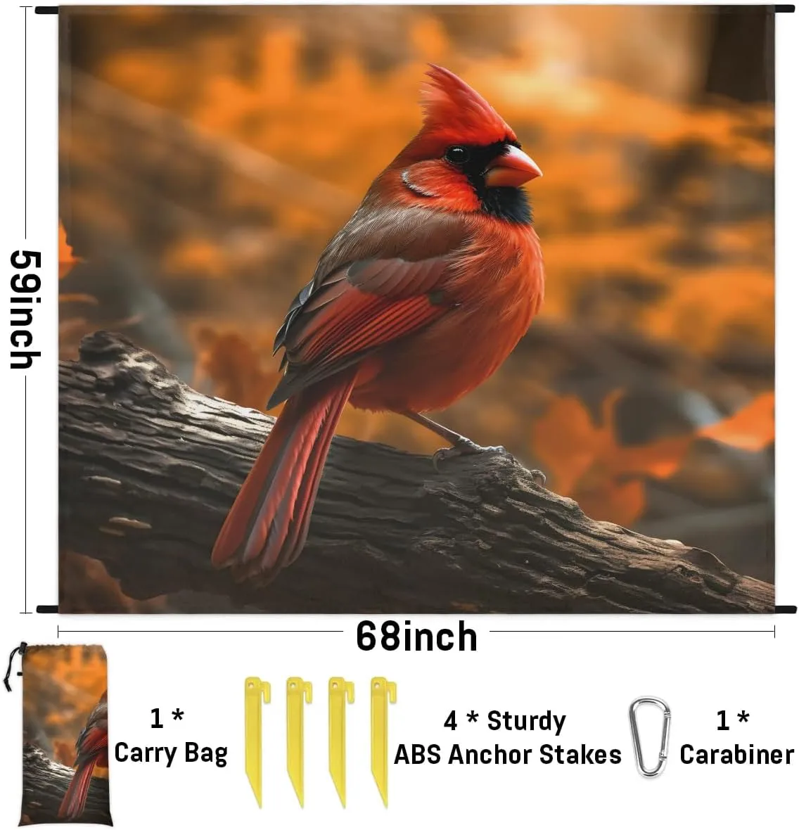 Beach Blanket, Red Bird Sandproof Beach Mat, Waterproof Quick Drying Sand Free Mat with 4 x Ground Spikes for Outdoor Travel Camping Hiking, Autumn Theme 68 x 59 in