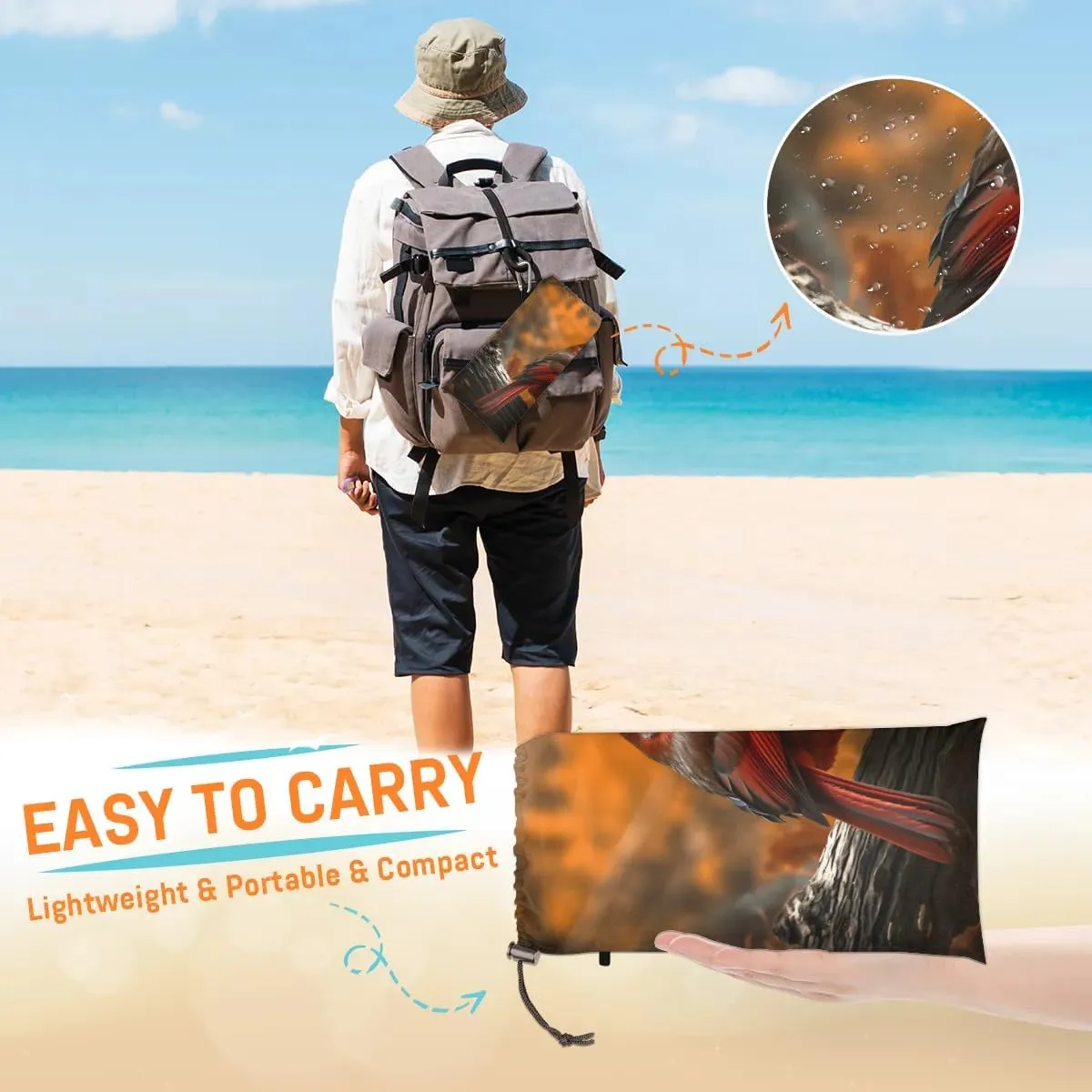 Beach Blanket, Red Bird Sandproof Beach Mat, Waterproof Quick Drying Sand Free Mat with 4 x Ground Spikes for Outdoor Travel Camping Hiking, Autumn Theme 68 x 59 in