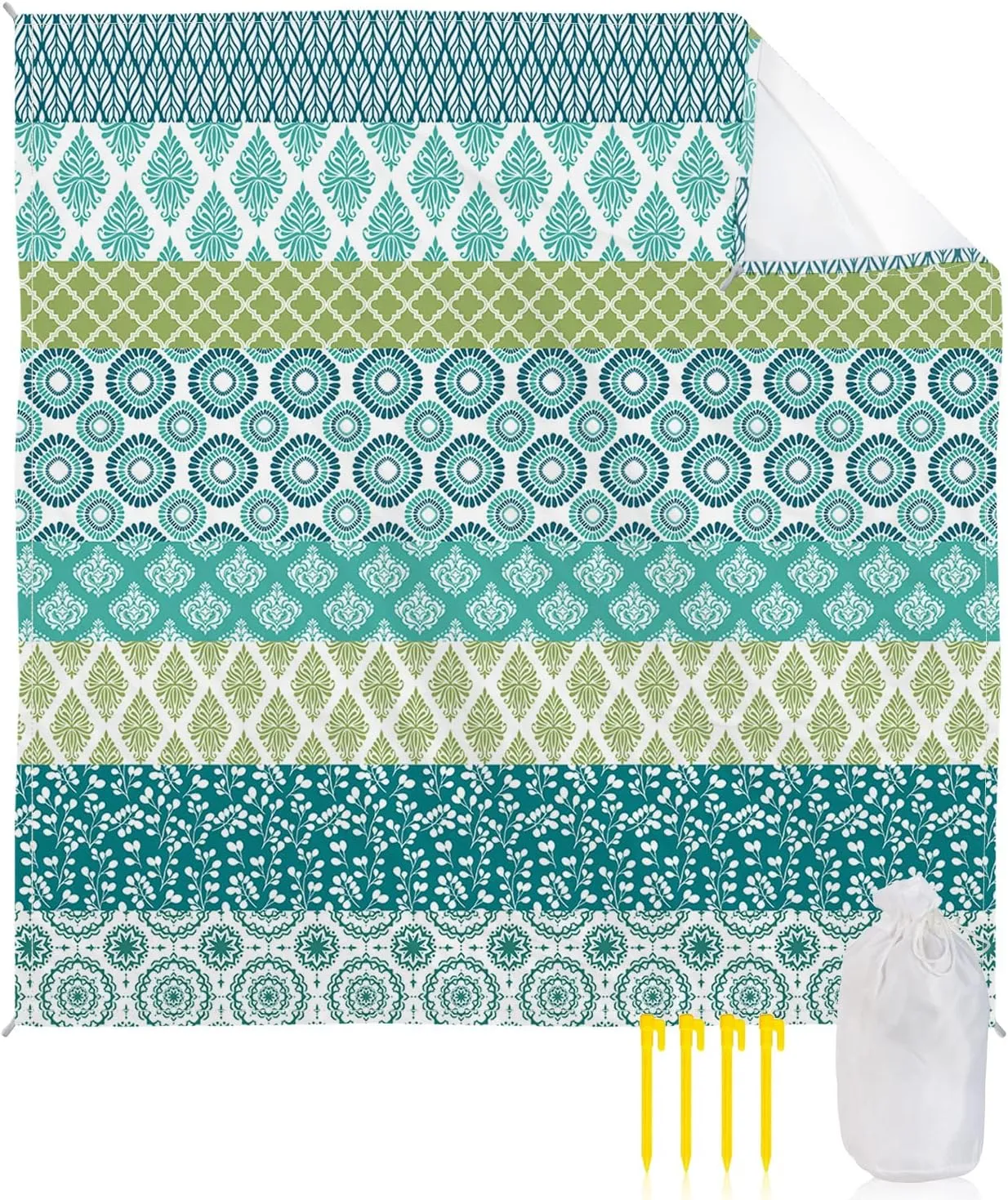 Beach Blanket Sandproof, Boho Geometric Floral Stripe Ethnic Turquoise Teal Green Waterproof Beach Mat Lightweight Quick Drying Picnic Blanket Beach Essentials for Travel Camping Hiking 83x79in