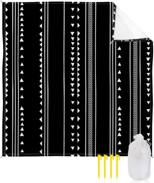 Beach Blanket Sandproof, Boho Style Stripe Triangle Pattern Black Waterproof Beach Mat Lightweight Quick Drying Picnic Blanket Beach Essentials for Travel Camping Hiking 83x79in