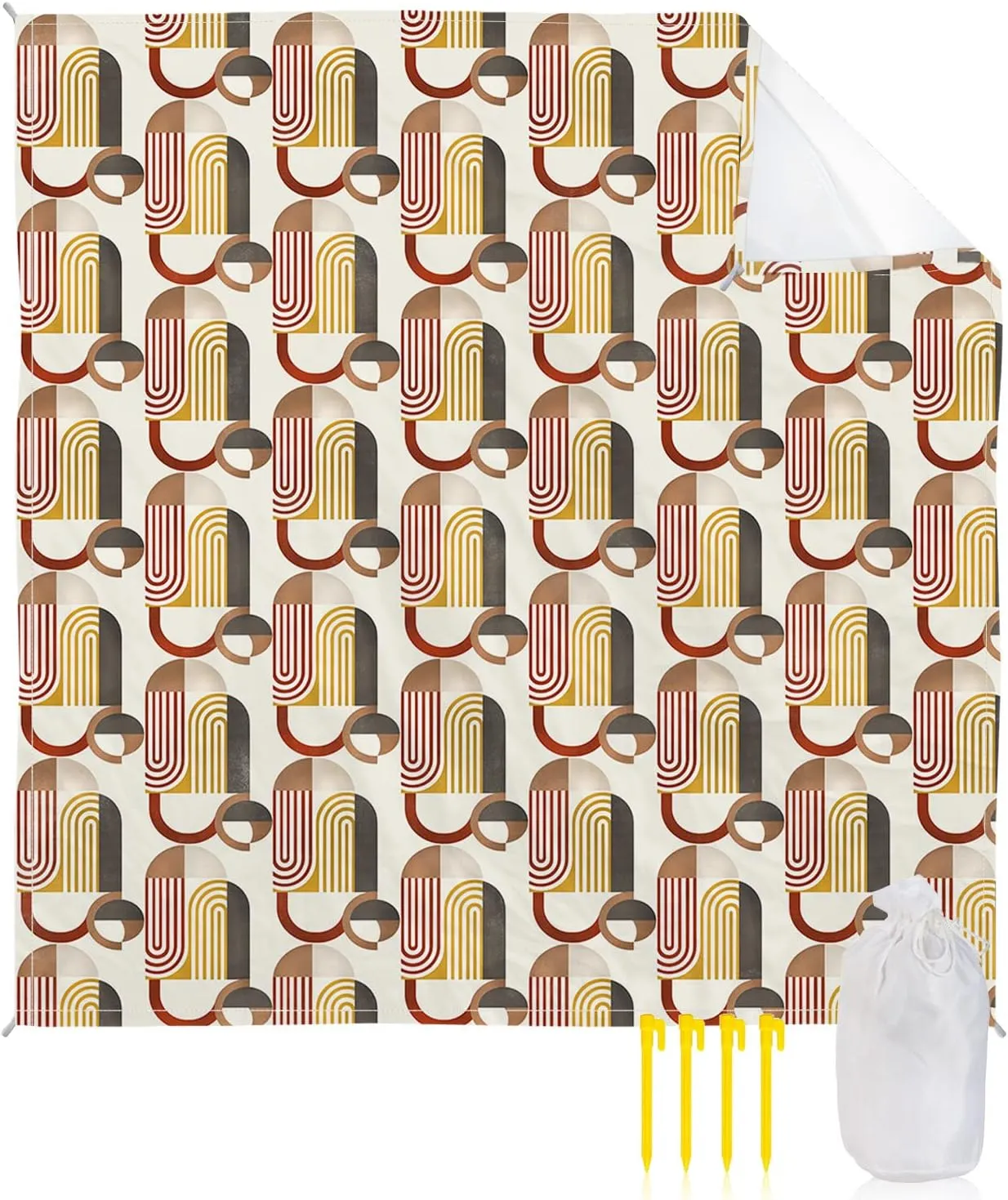 Beach Blanket Sandproof, Mid-Century Modern Abtract Print Beige Waterproof Beach Mat Lightweight Quick Drying Picnic Blanket Beach Essentials for Travel Camping Hiking 83x79in