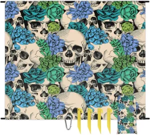 Beach Blanket, Skull Skeleton Sandproof Beach Mat, Waterproof Quick Drying Sand Free Mat with 4 x Ground Spikes for Outdoor Travel Camping Hiking, Flower 68 x 59 in
