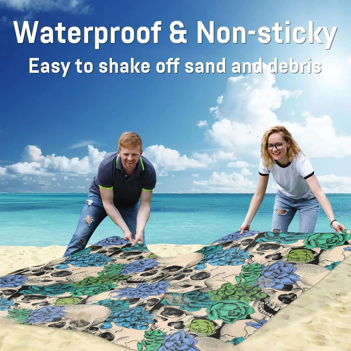 Beach Blanket, Skull Skeleton Sandproof Beach Mat, Waterproof Quick Drying Sand Free Mat with 4 x Ground Spikes for Outdoor Travel Camping Hiking, Flower 68 x 59 in