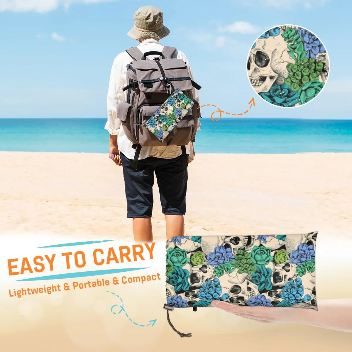 Beach Blanket, Skull Skeleton Sandproof Beach Mat, Waterproof Quick Drying Sand Free Mat with 4 x Ground Spikes for Outdoor Travel Camping Hiking, Flower 68 x 59 in
