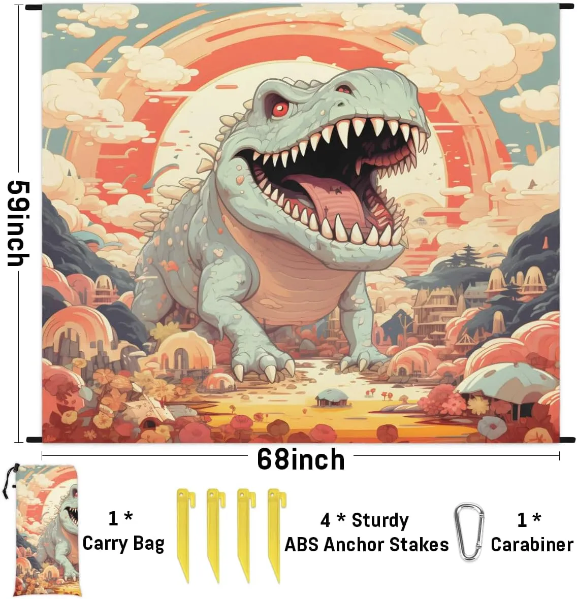 Beach Blanket, Tyrannosaurus Rex Sandproof Beach Mat, Waterproof Quick Drying Sand Free Mat with 4 x Ground Spikes for Outdoor Travel Camping Hiking, Dinosaur 68 x 59 in