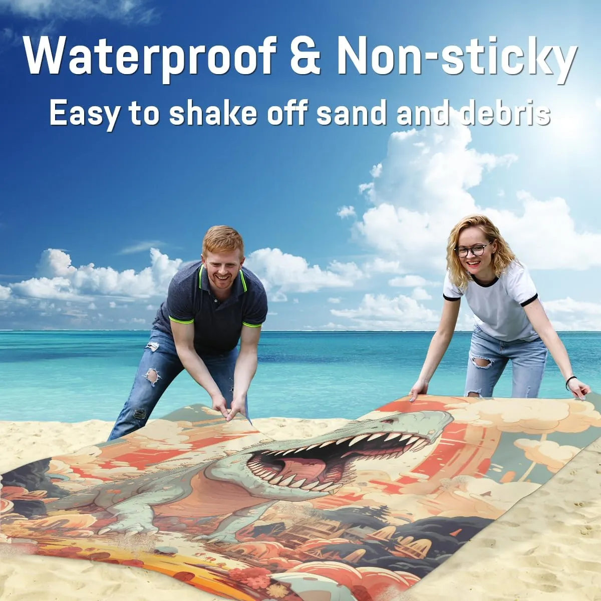 Beach Blanket, Tyrannosaurus Rex Sandproof Beach Mat, Waterproof Quick Drying Sand Free Mat with 4 x Ground Spikes for Outdoor Travel Camping Hiking, Dinosaur 68 x 59 in