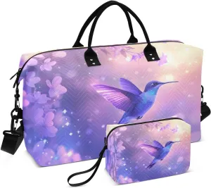 Beautiful Hummingbird Travel Duffel Bags 2PCS,Sports Duffel Bags for Men Women,Weekender Overnight Bag Gym Tote Bag with Toiletry Bag