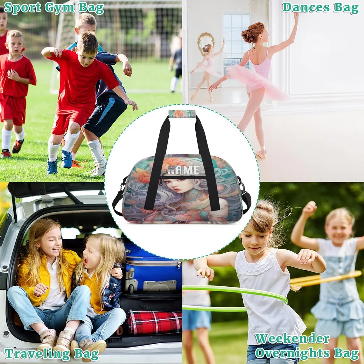Beautiful Mermaid Illustration Kids Overnight Bags Personalized Weekender Travel Duffle Bag for Teens,Boys Gym Carry On Maletas Para Niños,Customized Gymnastics Dance Ballet Tote for Girls