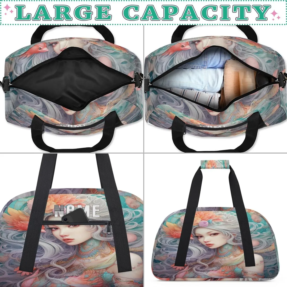 Beautiful Mermaid Illustration Kids Overnight Bags Personalized Weekender Travel Duffle Bag for Teens,Boys Gym Carry On Maletas Para Niños,Customized Gymnastics Dance Ballet Tote for Girls