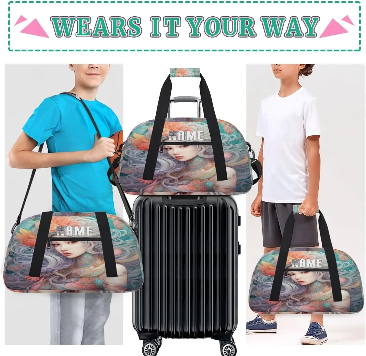 Beautiful Mermaid Illustration Kids Overnight Bags Personalized Weekender Travel Duffle Bag for Teens,Boys Gym Carry On Maletas Para Niños,Customized Gymnastics Dance Ballet Tote for Girls