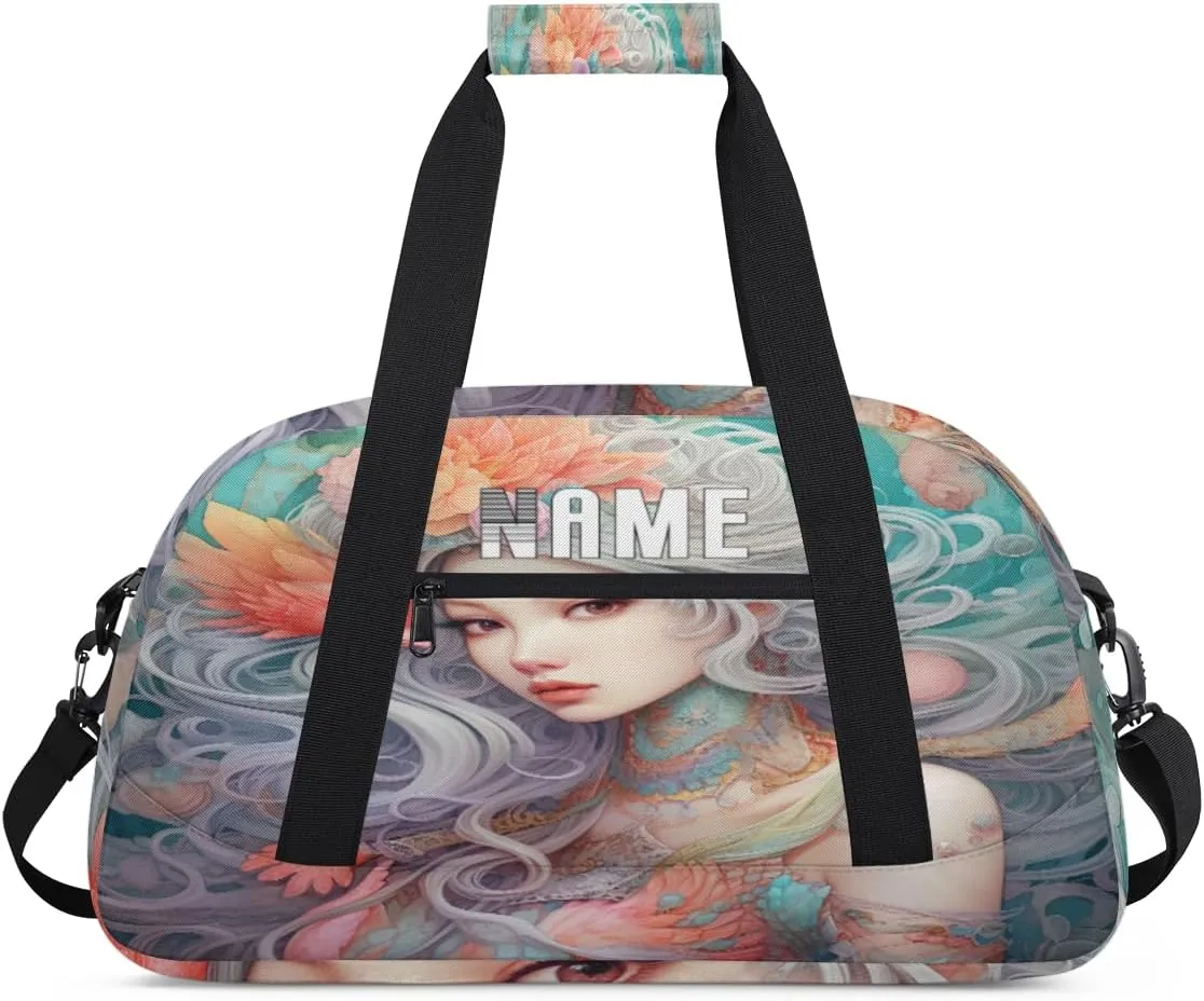 Beautiful Mermaid Illustration Kids Overnight Bags Personalized Weekender Travel Duffle Bag for Teens,Boys Gym Carry On Maletas Para Niños,Customized Gymnastics Dance Ballet Tote for Girls