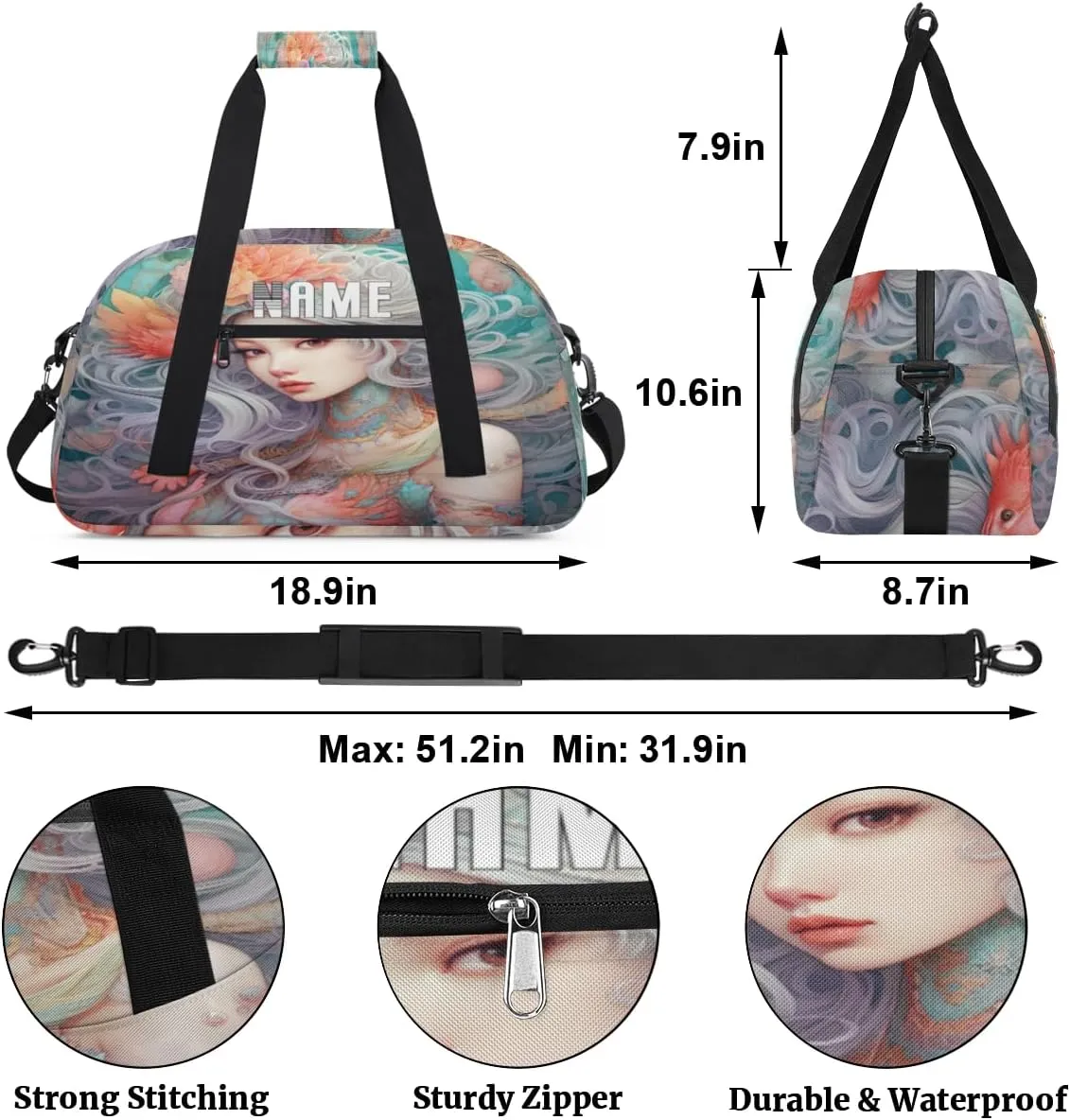 Beautiful Mermaid Illustration Kids Overnight Bags Personalized Weekender Travel Duffle Bag for Teens,Boys Gym Carry On Maletas Para Niños,Customized Gymnastics Dance Ballet Tote for Girls