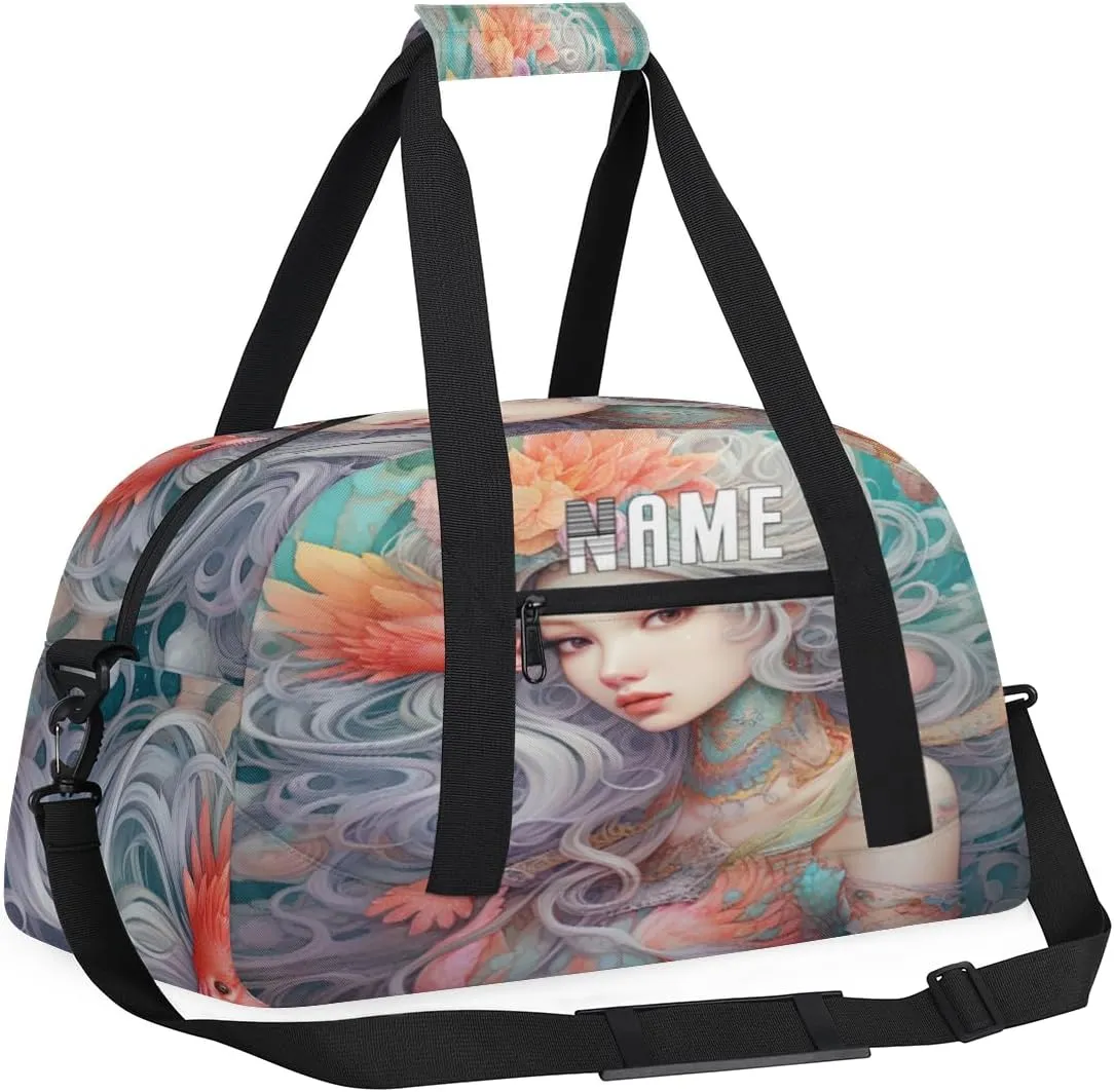 Beautiful Mermaid Illustration Kids Overnight Bags Personalized Weekender Travel Duffle Bag for Teens,Boys Gym Carry On Maletas Para Niños,Customized Gymnastics Dance Ballet Tote for Girls