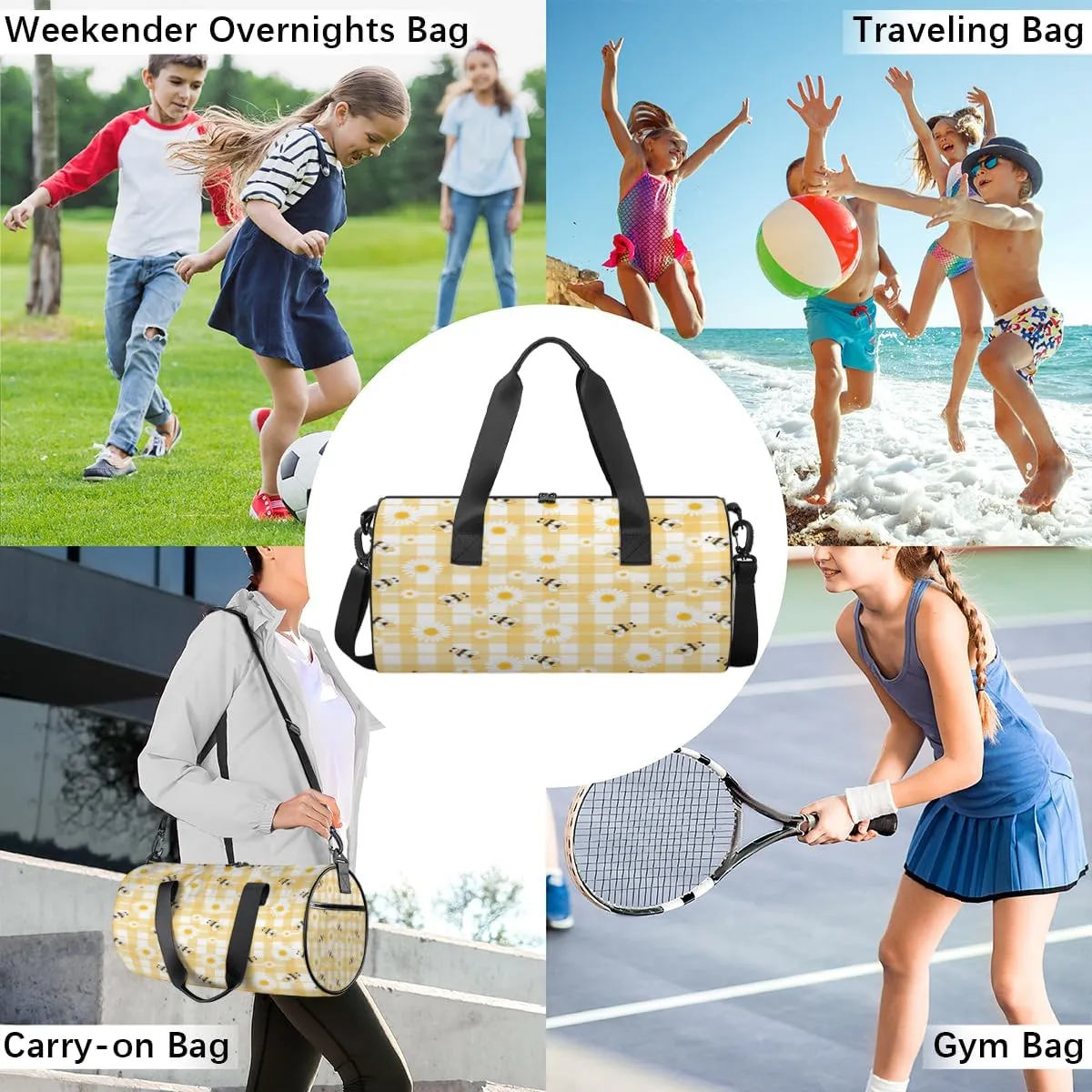 Bee Daisy Check Sports Duffel Bag with Shoulder Strap, Large Capacity Gym Bag with Shoe Compartment, Water Resistant Travel Duffle Bag for Men Women Travel, Sports (17.6x9x9 Inch)