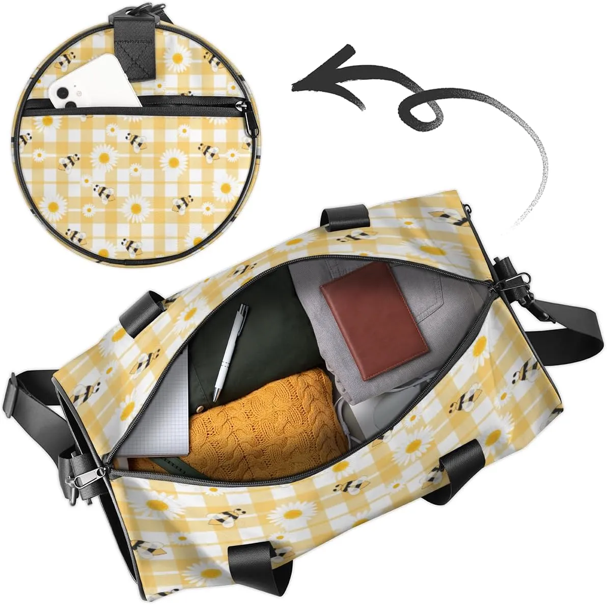 Bee Daisy Check Sports Duffel Bag with Shoulder Strap, Large Capacity Gym Bag with Shoe Compartment, Water Resistant Travel Duffle Bag for Men Women Travel, Sports (17.6x9x9 Inch)