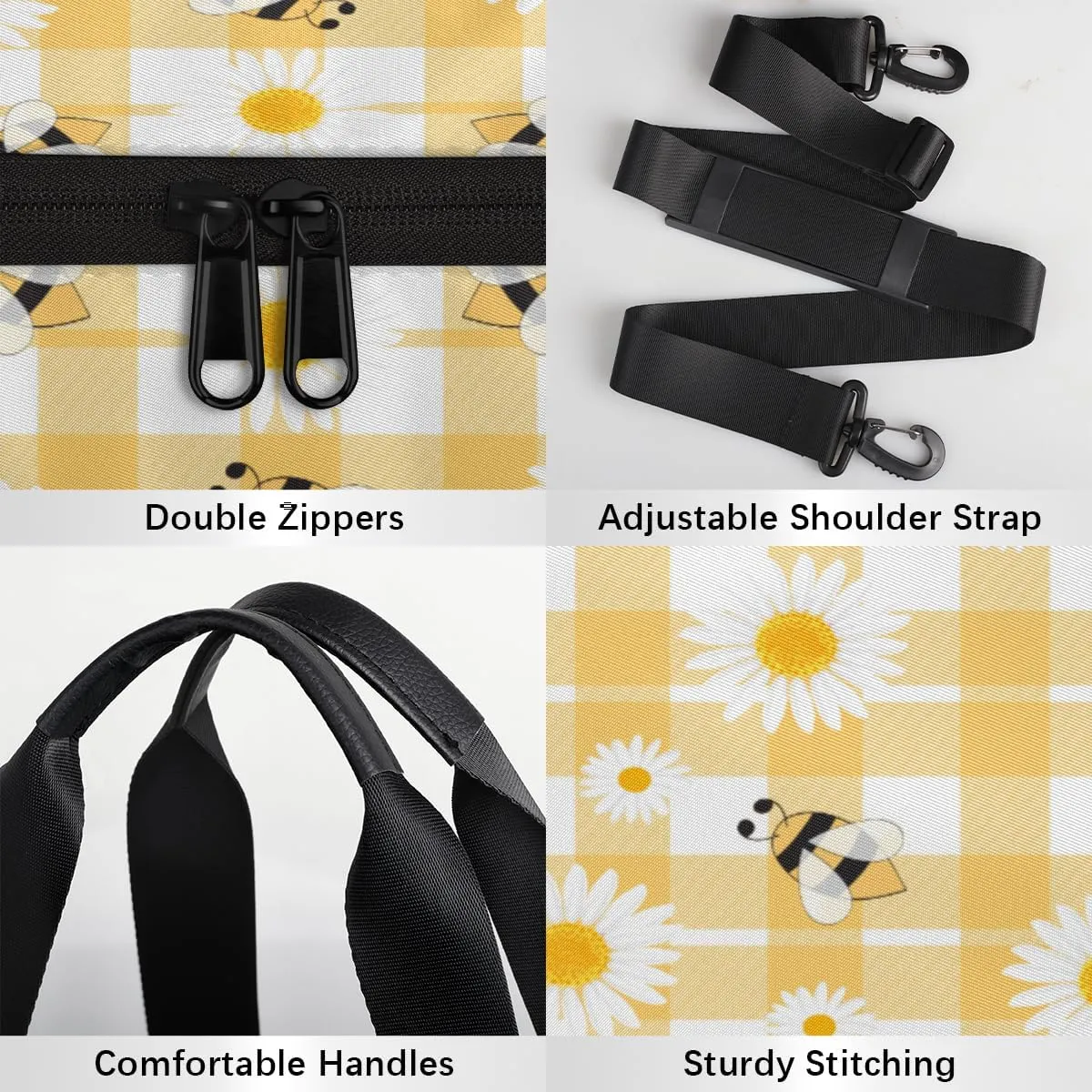 Bee Daisy Check Sports Duffel Bag with Shoulder Strap, Large Capacity Gym Bag with Shoe Compartment, Water Resistant Travel Duffle Bag for Men Women Travel, Sports (17.6x9x9 Inch)