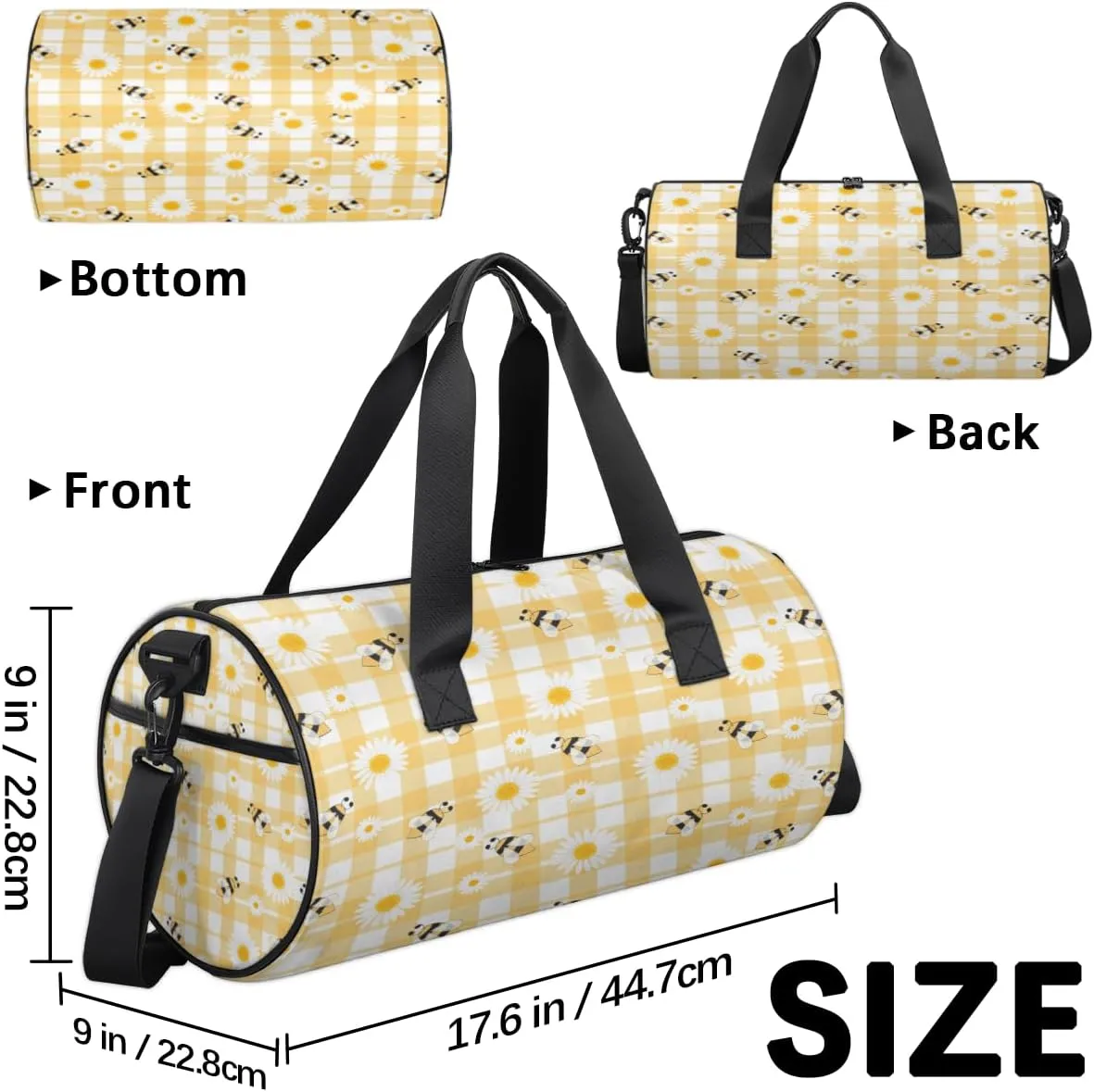 Bee Daisy Check Sports Duffel Bag with Shoulder Strap, Large Capacity Gym Bag with Shoe Compartment, Water Resistant Travel Duffle Bag for Men Women Travel, Sports (17.6x9x9 Inch)