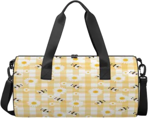 Bee Daisy Check Sports Duffel Bag with Shoulder Strap, Large Capacity Gym Bag with Shoe Compartment, Water Resistant Travel Duffle Bag for Men Women Travel, Sports (17.6x9x9 Inch)