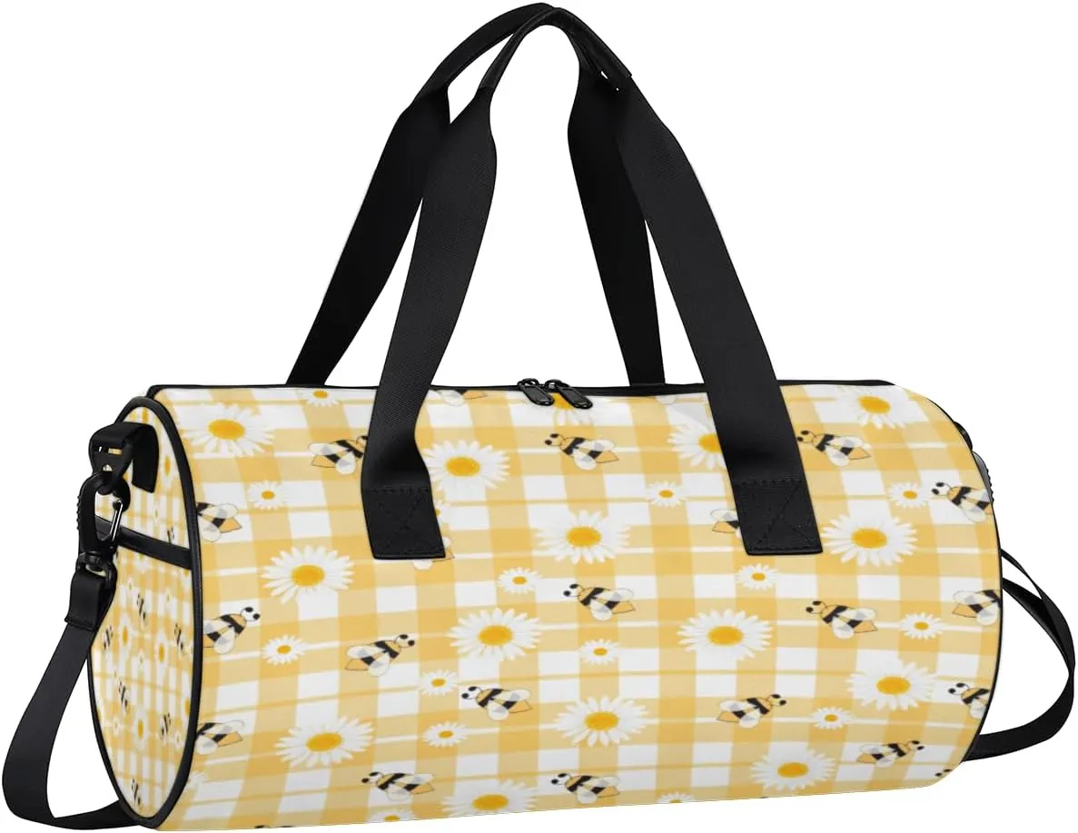 Bee Daisy Check Sports Duffel Bag with Shoulder Strap, Large Capacity Gym Bag with Shoe Compartment, Water Resistant Travel Duffle Bag for Men Women Travel, Sports (17.6x9x9 Inch)
