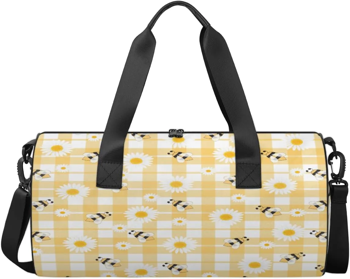 Bee Daisy Check Sports Duffel Bag with Shoulder Strap, Large Capacity Gym Bag with Shoe Compartment, Water Resistant Travel Duffle Bag for Men Women Travel, Sports (17.6x9x9 Inch)