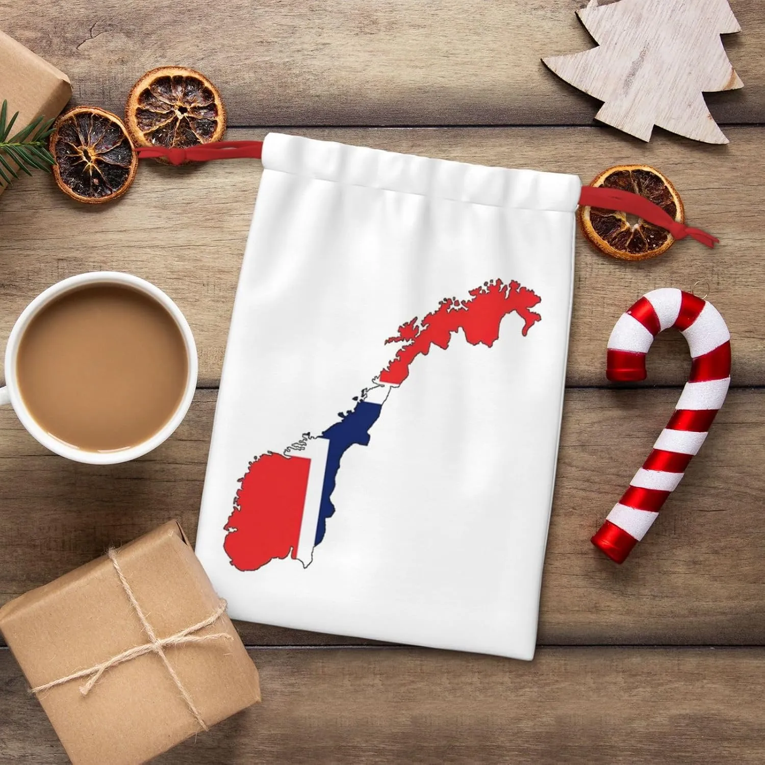 BGSHJVF Norwegian Flag Map Print Holiday Drawstring Gift Bags,Christmas Gift Wrapping Sacks Pouches For Xmas Presents Party Favor