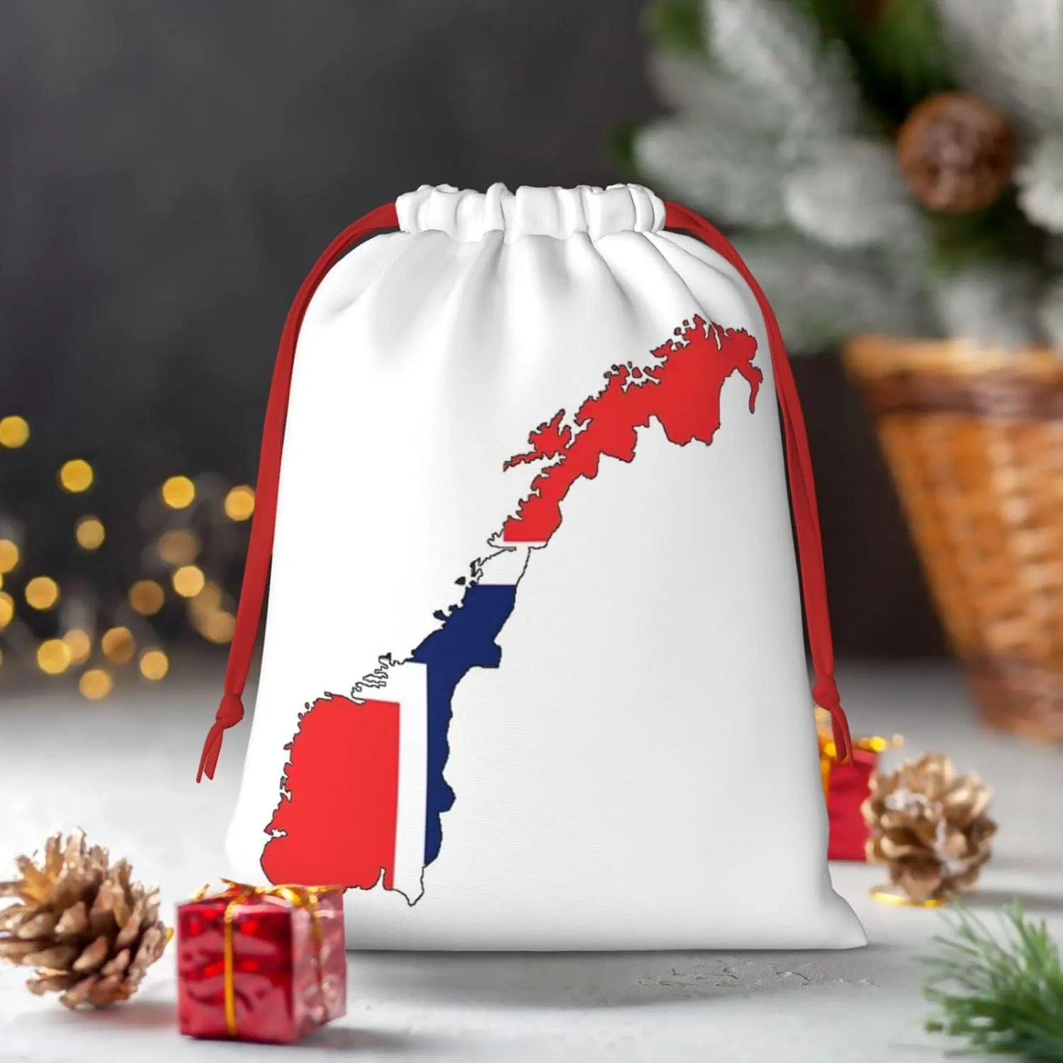 BGSHJVF Norwegian Flag Map Print Holiday Drawstring Gift Bags,Christmas Gift Wrapping Sacks Pouches For Xmas Presents Party Favor