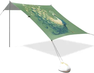 Big Peacock Spring Green Beach Tent & Canopy UPF50  Protection Waterproof Large Portable Sun Shelter with Sandbags, Sand Shovel, Poles for Camping, Picnics, Backyard & Fishing