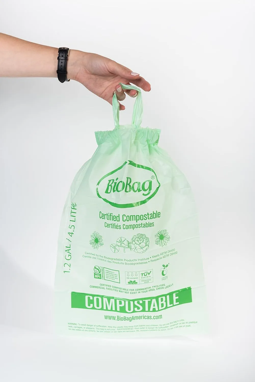 BioBag (Made In USA) The Original Compostable Food Scrap Bags, 100% Compostable Certified (Mulitple Sizes) (1.2 Gallon With Drawstring/80 Count)