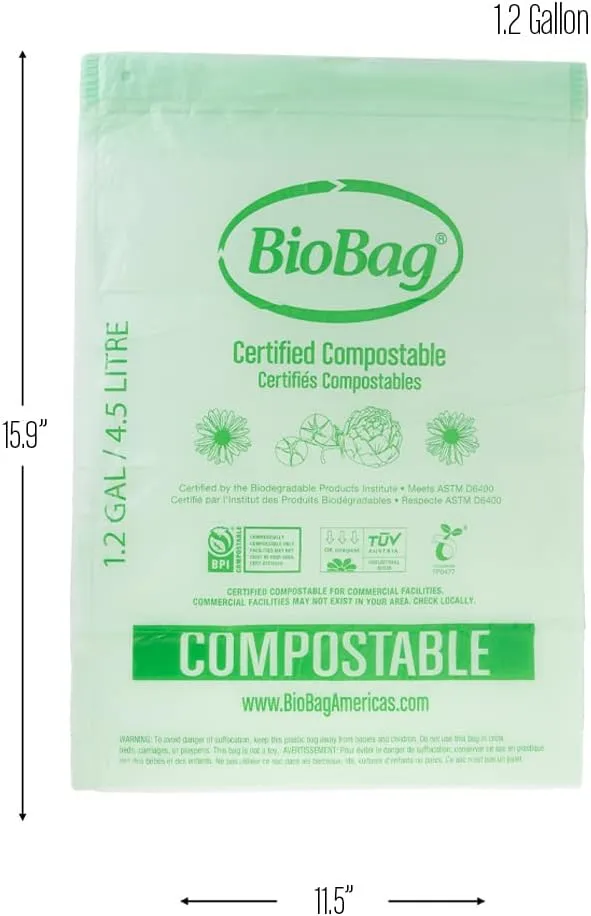 BioBag (Made In USA) The Original Compostable Food Scrap Bags, 100% Compostable Certified (Mulitple Sizes) (1.2 Gallon With Drawstring/80 Count)