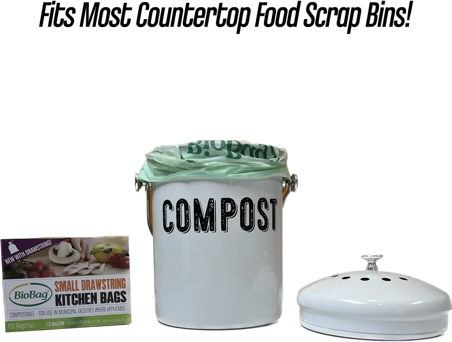 BioBag (Made In USA) The Original Compostable Food Scrap Bags, 100% Compostable Certified (Mulitple Sizes) (1.2 Gallon With Drawstring/80 Count)