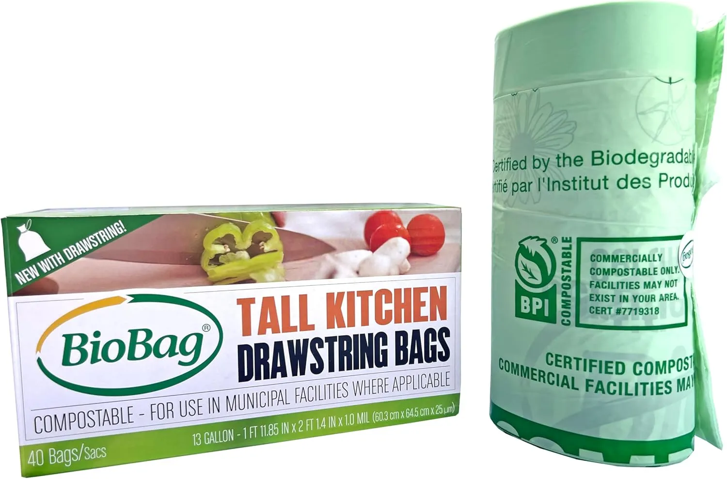BioBag (Made In USA) The Original Compostable Food Scrap Bags, 100% Compostable Certified (Mulitple Sizes) (13 Gallon With Drawstring/40 Count)