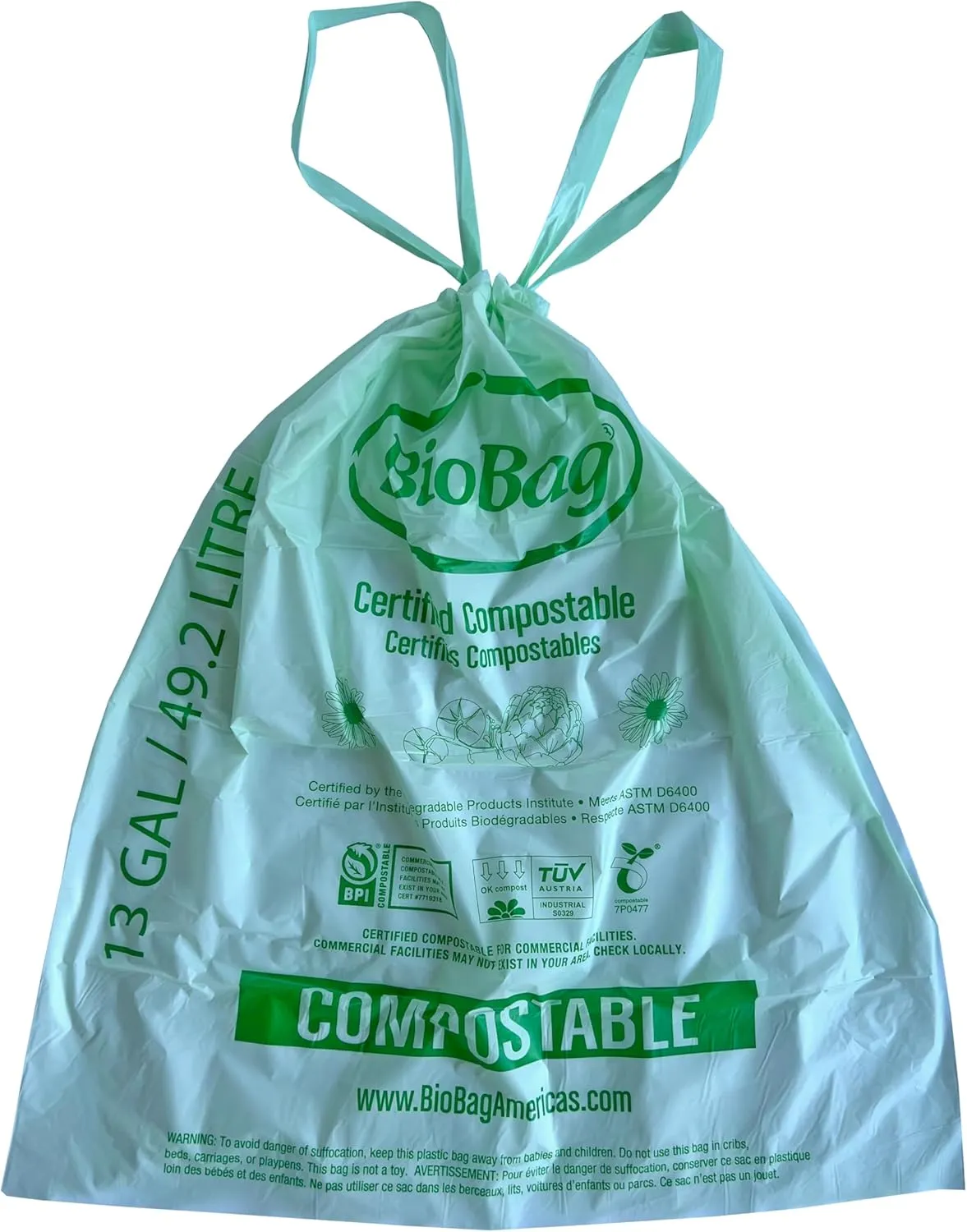 BioBag (Made In USA) The Original Compostable Food Scrap Bags, 100% Compostable Certified (Mulitple Sizes) (13 Gallon With Drawstring/40 Count)