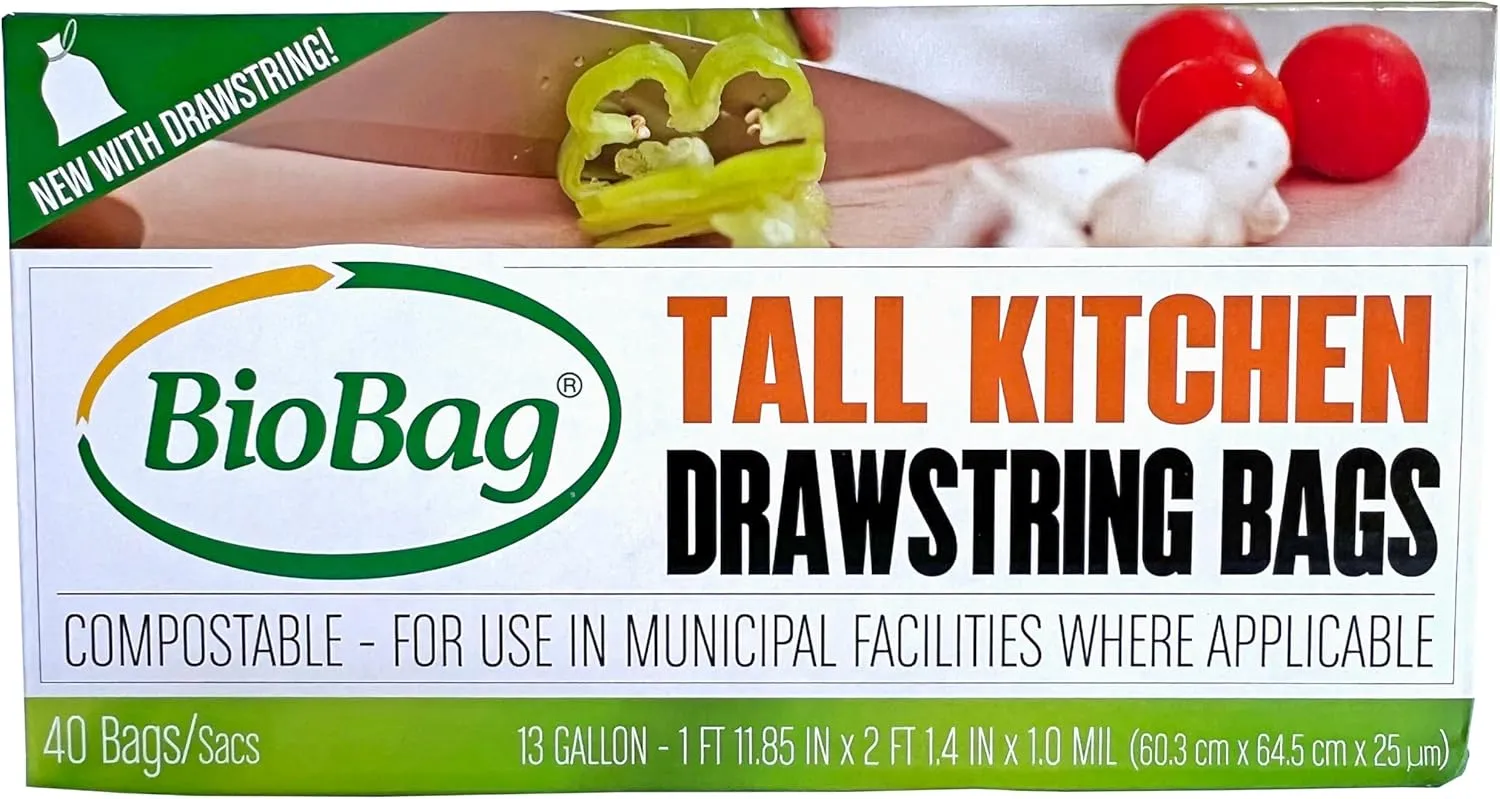 BioBag (Made In USA) The Original Compostable Food Scrap Bags, 100% Compostable Certified (Mulitple Sizes) (13 Gallon With Drawstring/40 Count)