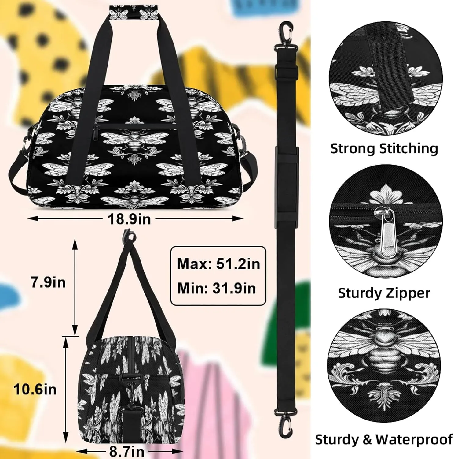 Black Bee Small Gym Bag 18 inch Carry On Duffel Bag for Weekender Travel Sports Workout Yoga Gymnastics Dance Ballet