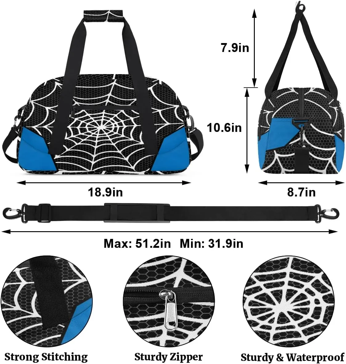 Black Spider Web Kids Overnighter Duffel Bags for Boys Girls, Carry-On Size Sports Gym Bag for School Practice or Overnight Travel Weekender Sleepover Workout Tote Bag
