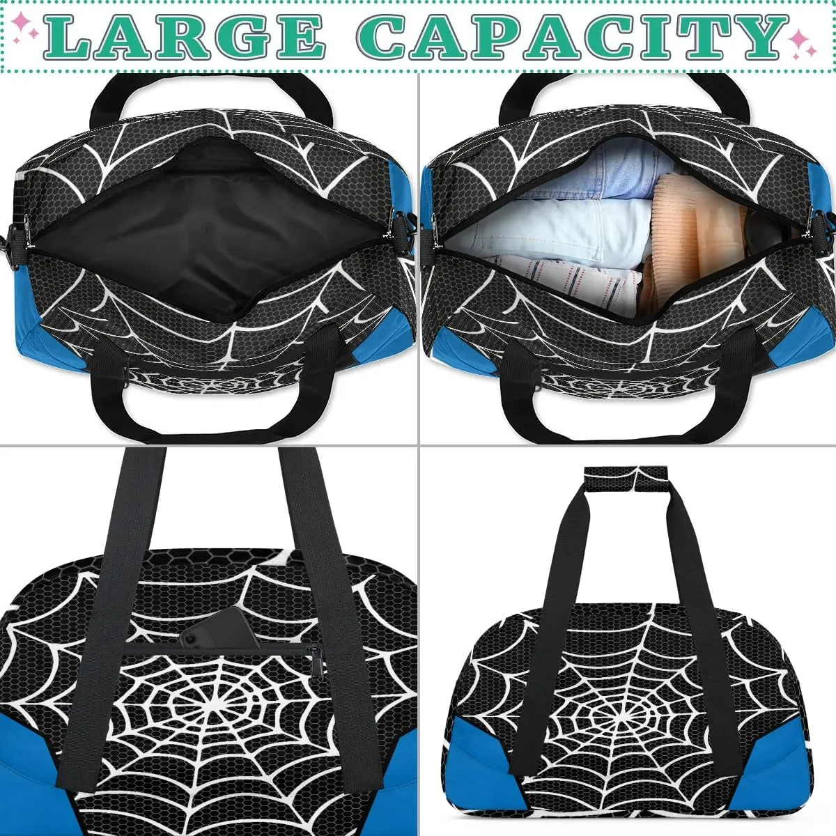 Black Spider Web Kids Overnighter Duffel Bags for Boys Girls, Carry-On Size Sports Gym Bag for School Practice or Overnight Travel Weekender Sleepover Workout Tote Bag