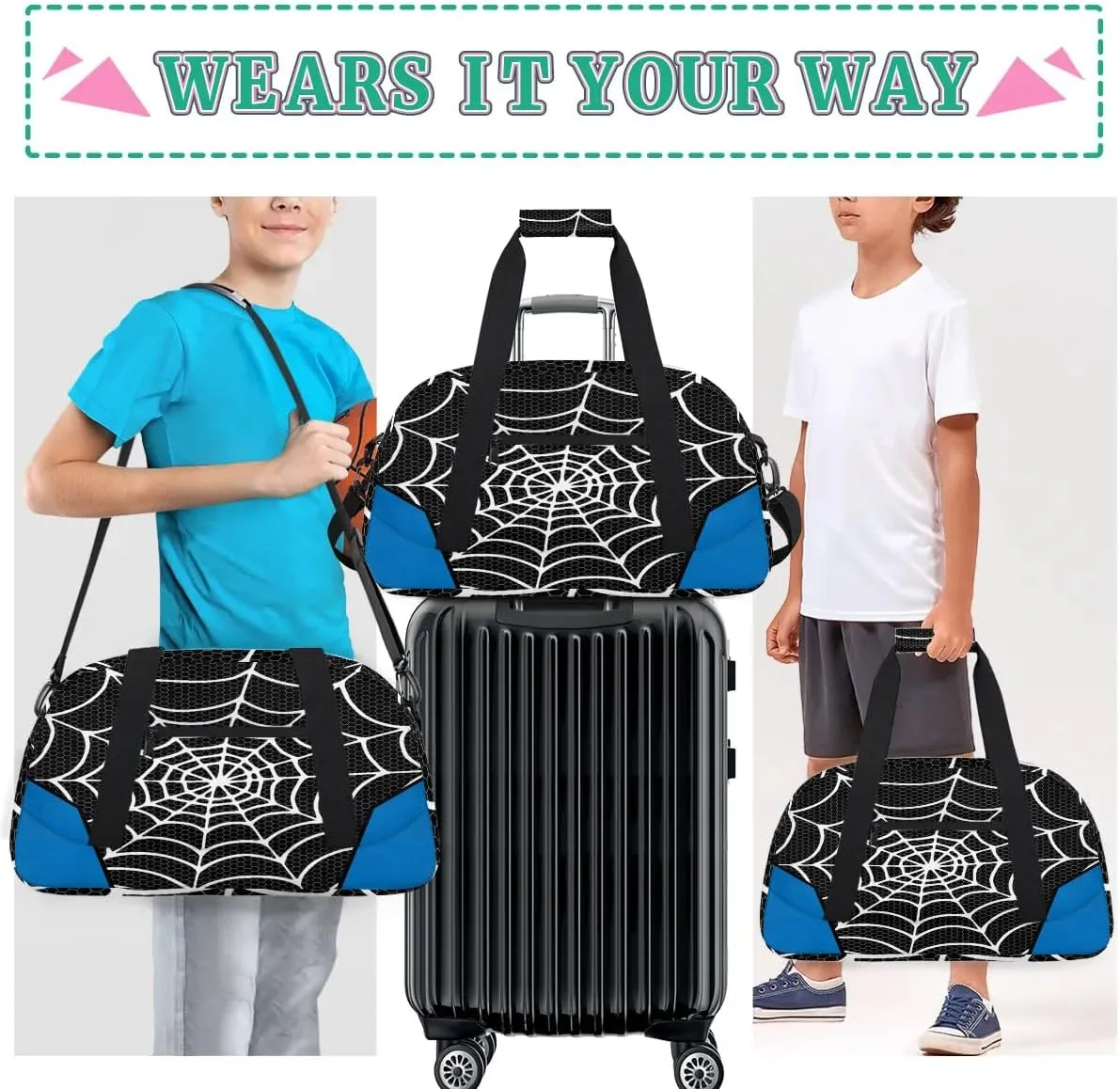 Black Spider Web Kids Overnighter Duffel Bags for Boys Girls, Carry-On Size Sports Gym Bag for School Practice or Overnight Travel Weekender Sleepover Workout Tote Bag
