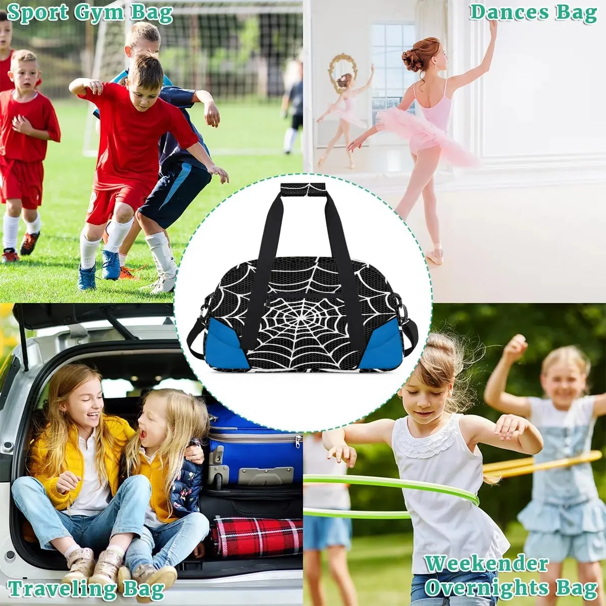 Black Spider Web Kids Overnighter Duffel Bags for Boys Girls, Carry-On Size Sports Gym Bag for School Practice or Overnight Travel Weekender Sleepover Workout Tote Bag