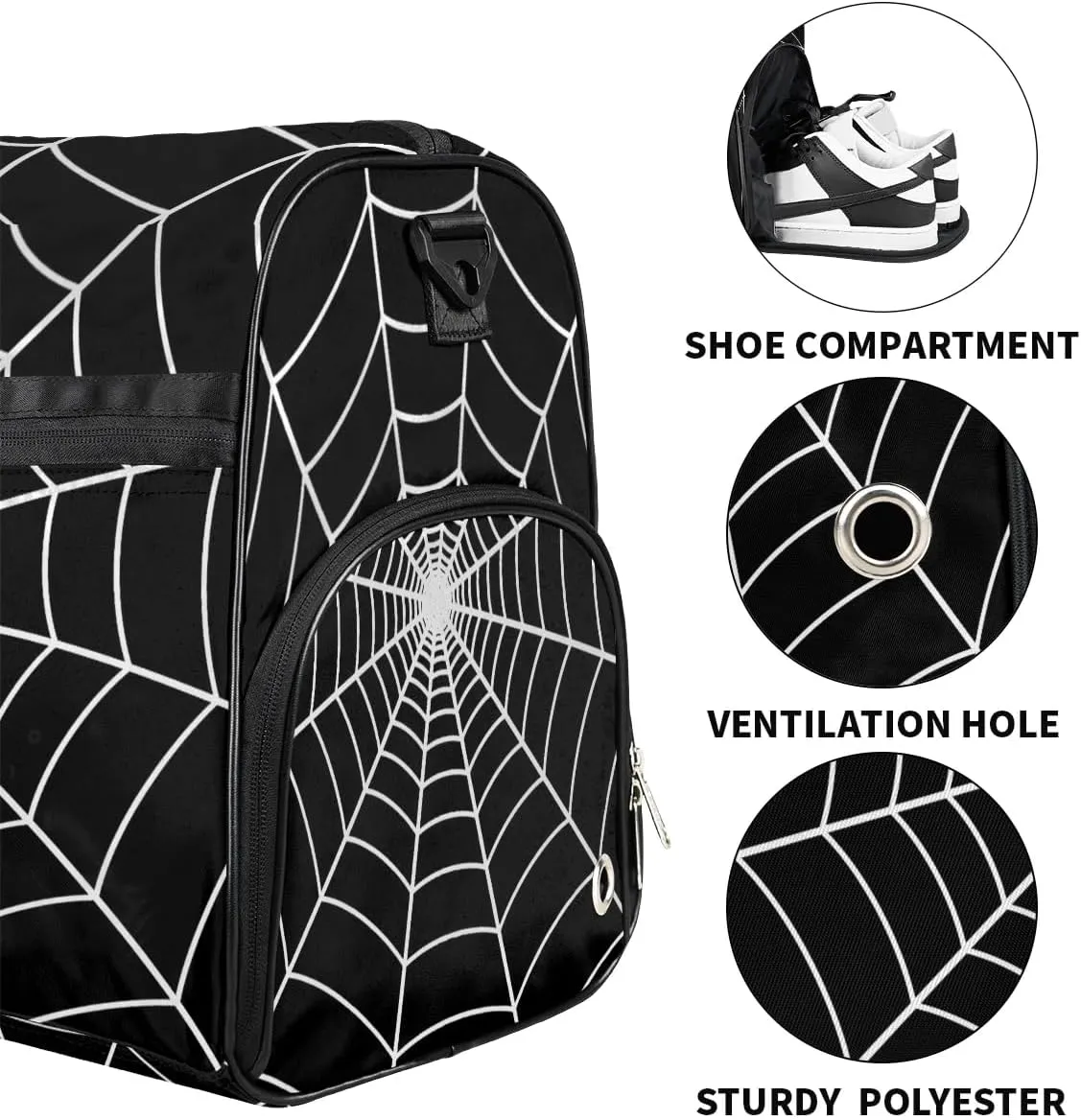Black Spider Web Kids Overnighter Duffel Bags for Boys Girls, Carry-On Size Sports Gym Bag with Shoe Compartments for School Practice or Overnight Travel Weekender Sleepover Tote Bag