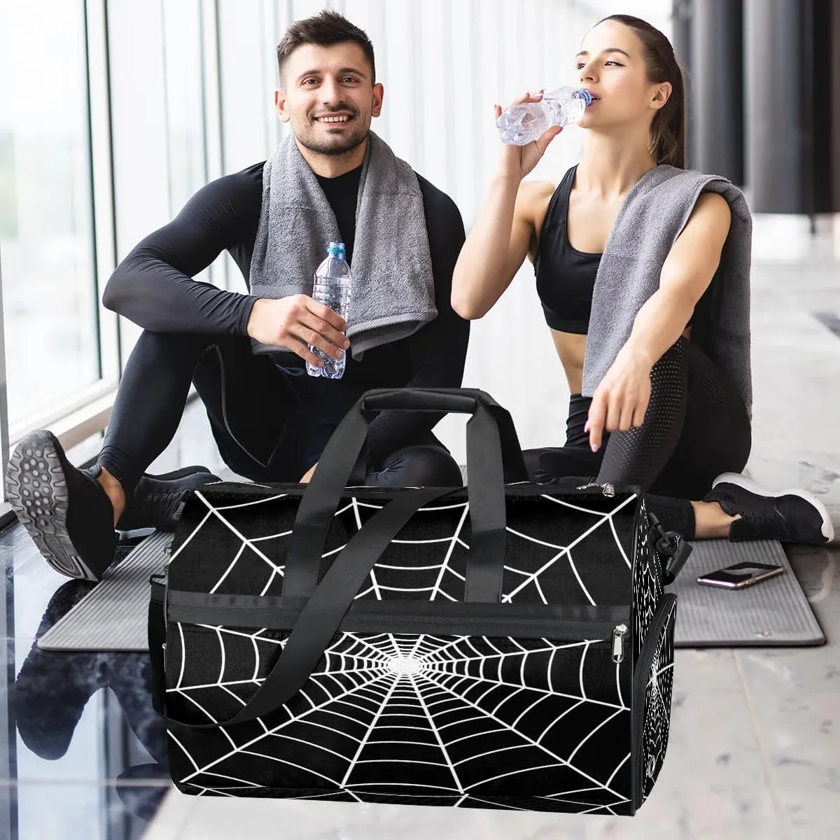 Black Spider Web Kids Overnighter Duffel Bags for Boys Girls, Carry-On Size Sports Gym Bag with Shoe Compartments for School Practice or Overnight Travel Weekender Sleepover Tote Bag