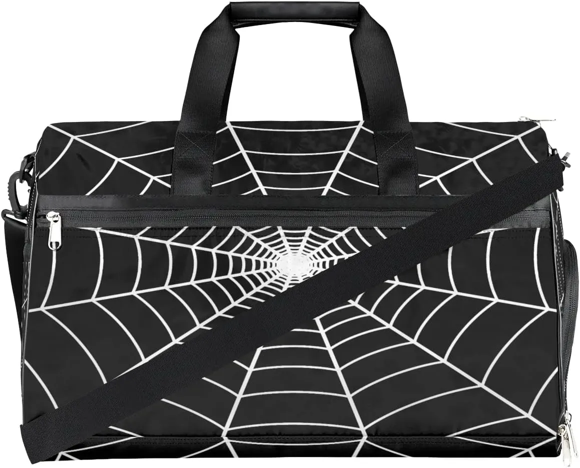Black Spider Web Kids Overnighter Duffel Bags for Boys Girls, Carry-On Size Sports Gym Bag with Shoe Compartments for School Practice or Overnight Travel Weekender Sleepover Tote Bag