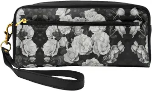 Black White Rose Print Portable Makeup Bag,Travel-Friendly Design,Versatile Mini Makeup Pouchtion