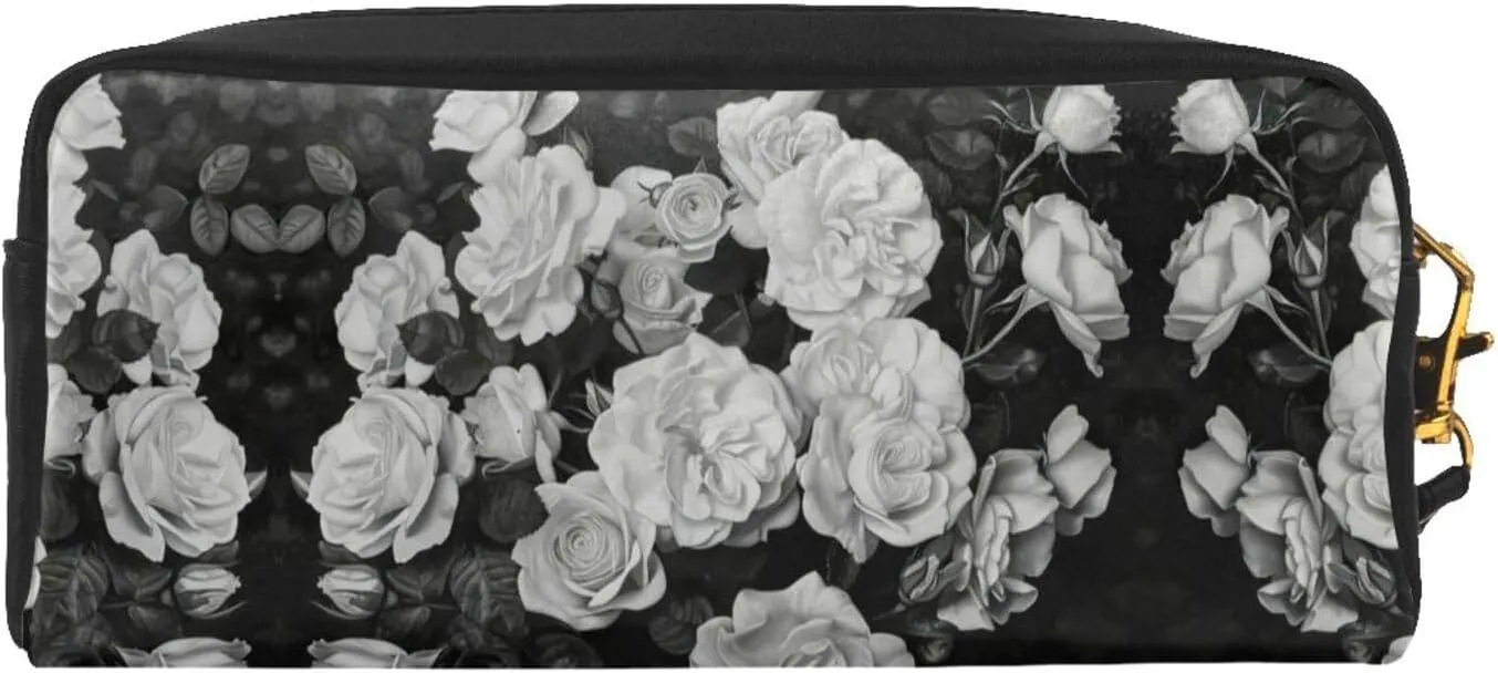 Black White Rose Print Portable Makeup Bag,Travel-Friendly Design,Versatile Mini Makeup Pouchtion
