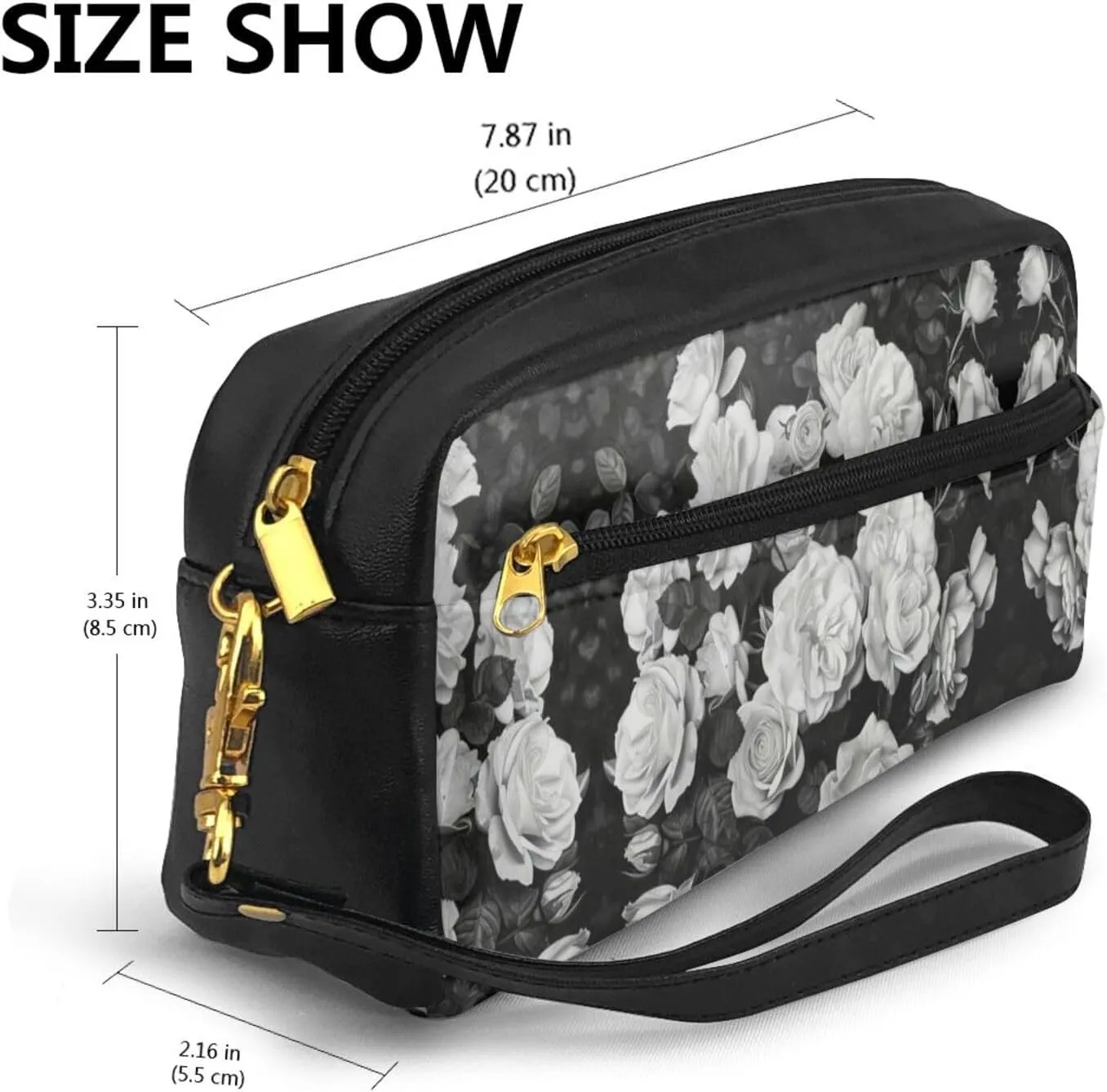 Black White Rose Print Portable Makeup Bag,Travel-Friendly Design,Versatile Mini Makeup Pouchtion