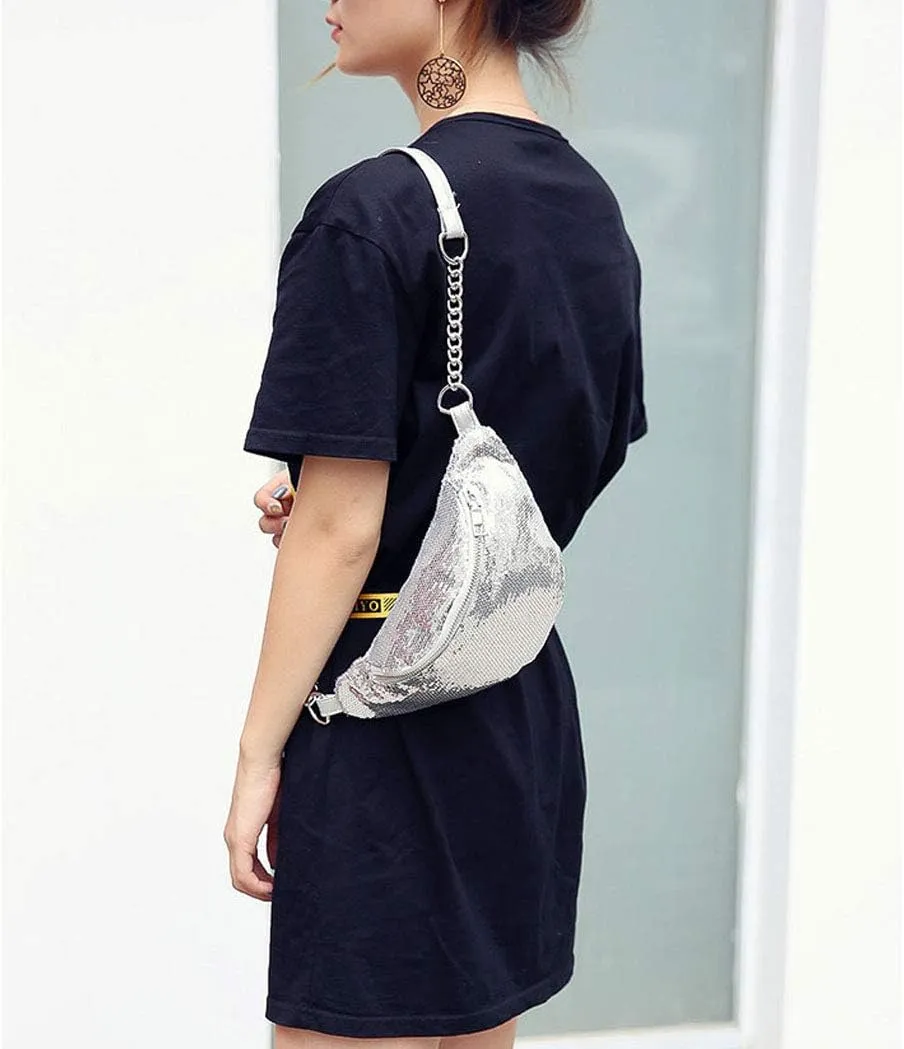 Bling Sequins Fanny Waist Pack Glitter Shoulder Chest Bag with Adjustable Belt for Women Girl