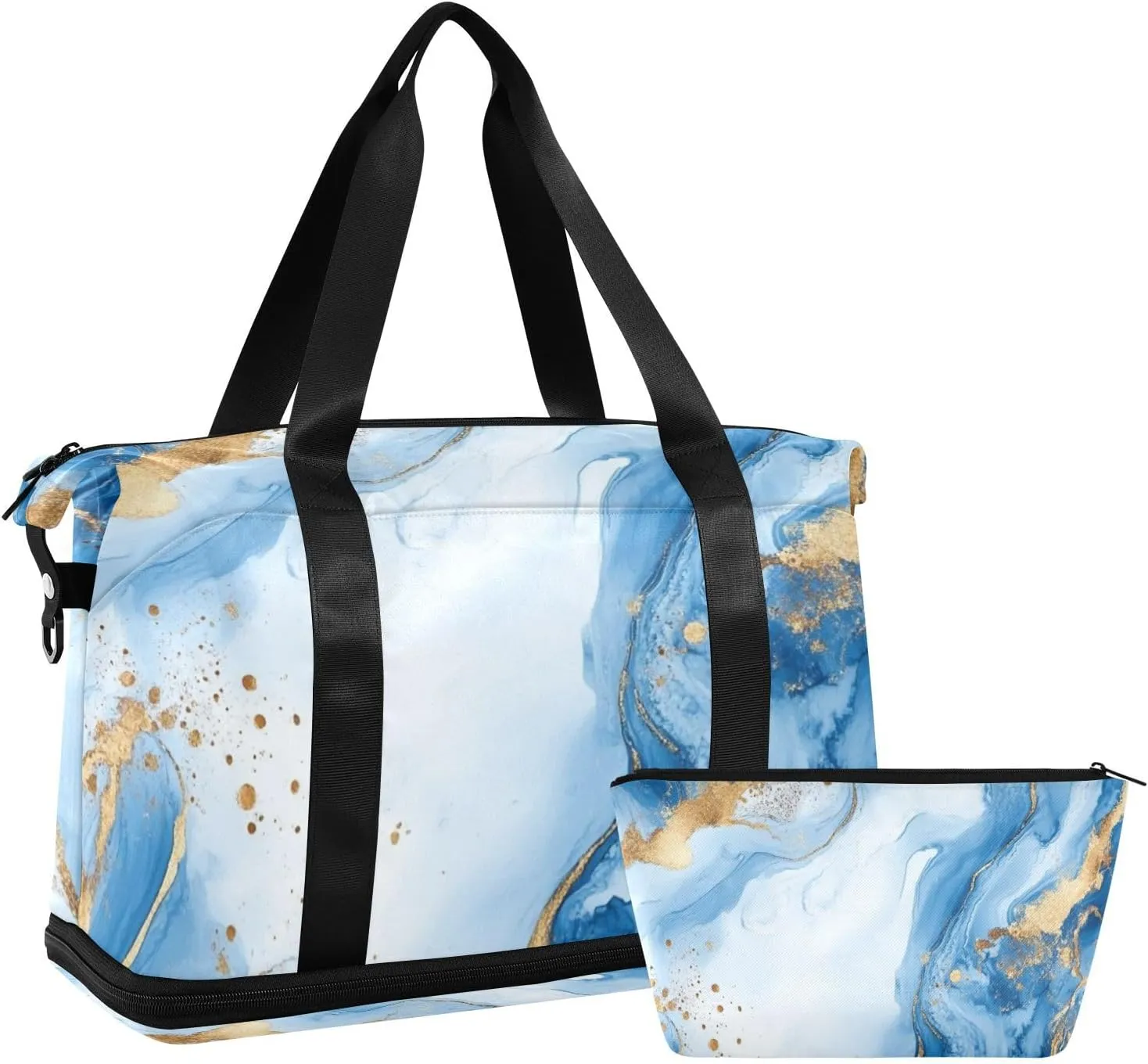 Blue and Gold Marble Duffel Bag Weekend Bag with Adjustable Strap for Workout Multifunctional