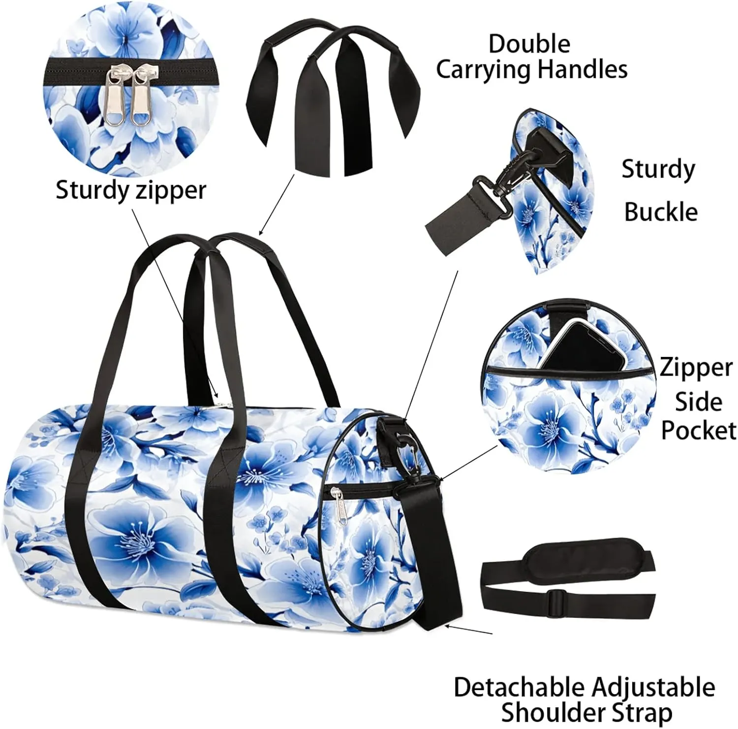 Blue Cherry Blossoms Sports Gym Bag for Men Women Lightweight Travel Duffle Bag with Shoulder Strap Waterproof Carry On Weekender Overnight Bag for Travel Sports Gym