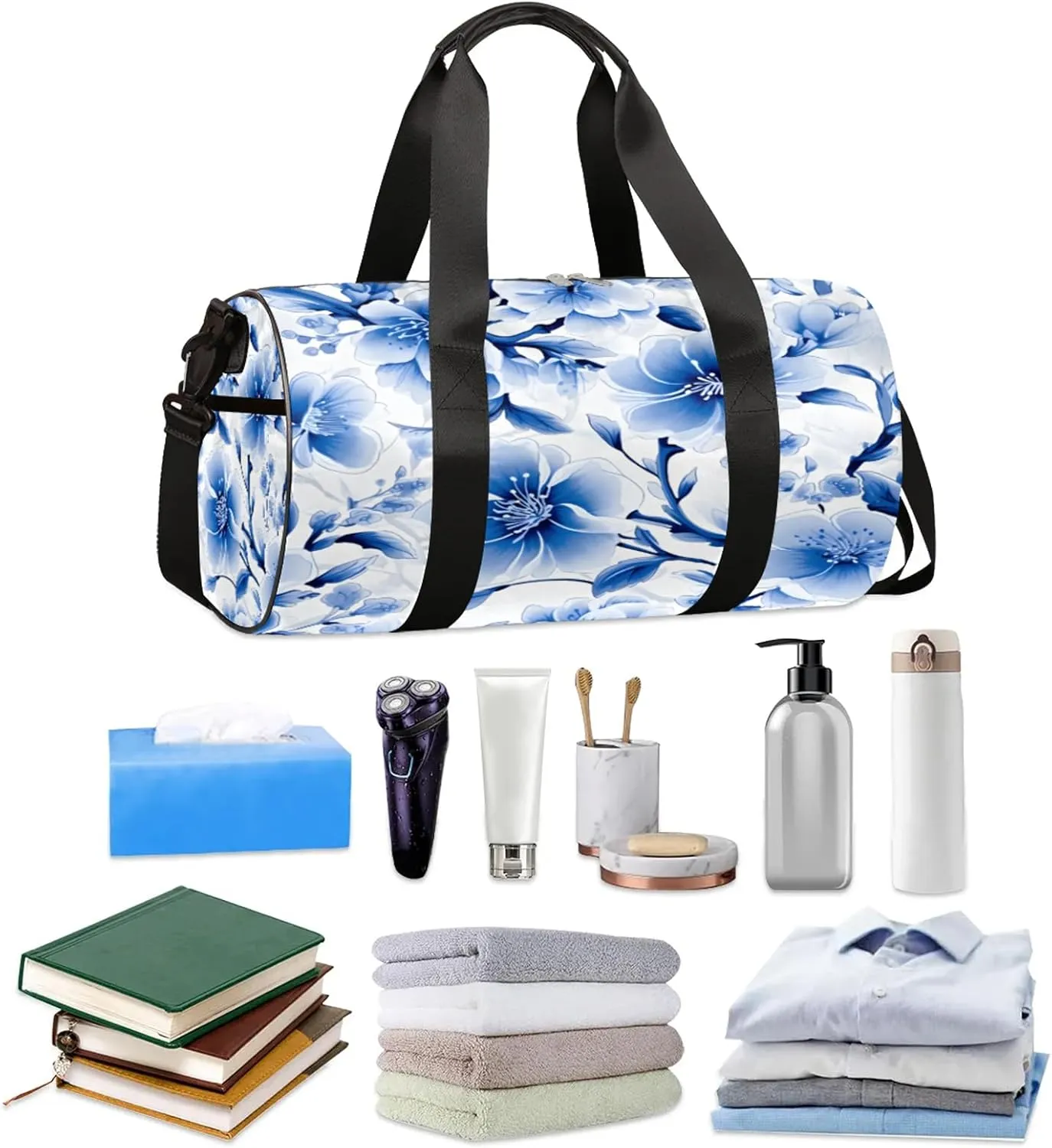 Blue Cherry Blossoms Sports Gym Bag for Men Women Lightweight Travel Duffle Bag with Shoulder Strap Waterproof Carry On Weekender Overnight Bag for Travel Sports Gym
