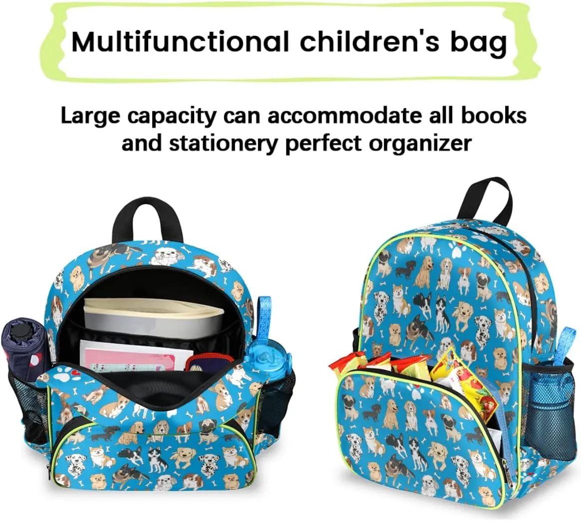 Blue Dogs Kids Backpack for Boys 14.2 In, Waterproof Casual Daypack Preschool Backpack Kindergarten School Mini Bookbag with Chest Strap, for Back to School Day